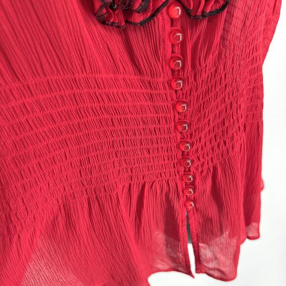 Bebe NEW Silk Flower Detail Puff Sleeve Peplum Blouse L Red Beads Smocked Sheer - Picture 3 of 9